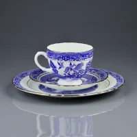 Винтажное фарфоровое чайное трио в стиле шинуазри Голубая ива Англия Delphine Pottery Blue Willow