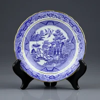 Винтажное фарфоровое чайное трио в стиле шинуазри Голубая ива Англия Delphine Pottery Blue Willow