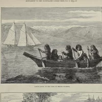 Антикварная иллюстрация The Illustrated London News Native canoe on the coast of British Columbia