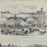 Антикварная иллюстрация The Illustrated London News Bursting of prussian shells within the porte D'Auteuil, Paris. Sketch by Balloon Post