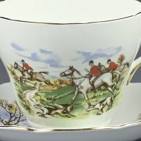 Винтажная фарфоровая чайная пара Конная охота с гончими Англия Regency China