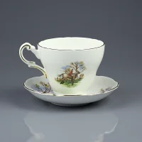 Винтажная фарфоровая чайная пара Конная охота с гончими Англия Regency China