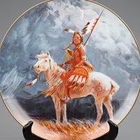 Винтажная фарфоровая декоративная тарелка Индеец на лошади США Fairmont Fine China Sioux Warrior Olaf Wieghorst