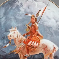 Винтажная фарфоровая декоративная тарелка Индеец на лошади США Fairmont Fine China Sioux Warrior Olaf Wieghorst