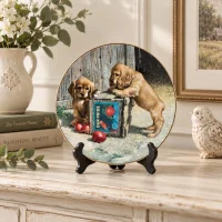 Тарелка винтажная фарфоровая декоративная Щенки и мышка США River Shore Double Take Puppy Playtime Plate Collection