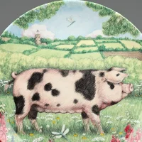Тарелка винтажная фарфоровая декоративная Свиньи в цветах Англия Royal Doulton Foxglove Pigs in Bloom Oxford Sandy and Black