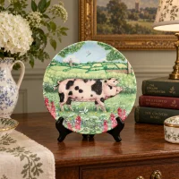 Тарелка винтажная фарфоровая декоративная Свиньи в цветах Англия Royal Doulton Foxglove Pigs in Bloom Oxford Sandy and Black