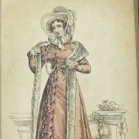 Антикварная английская иллюстрация в рамке под стеклом Carriage Dress 1823 Парадное платье 1823 года