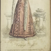Антикварная английская иллюстрация в рамке под стеклом Carriage Dress 1823 Парадное платье 1823 года