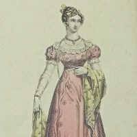 Антикварная английская иллюстрация в рамке под стеклом Evening Dress Вечернее платье 1824 года
