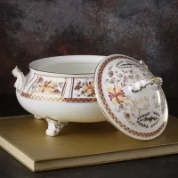 Английское винтажное блюдо для горячего с крышкой Royal Crown Derby Honeysuckle Жимолость
