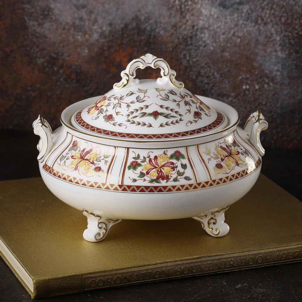 Английское винтажное блюдо для горячего с крышкой Royal Crown Derby Honeysuckle Жимолость