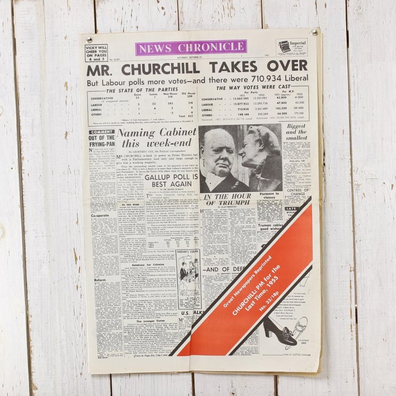 Переиздание номера газеты News Chronicle от 27 октября 1951 года Great Newspapers Reprinted Mr. Churchill Takes Over Черчилль становится премьер-минис