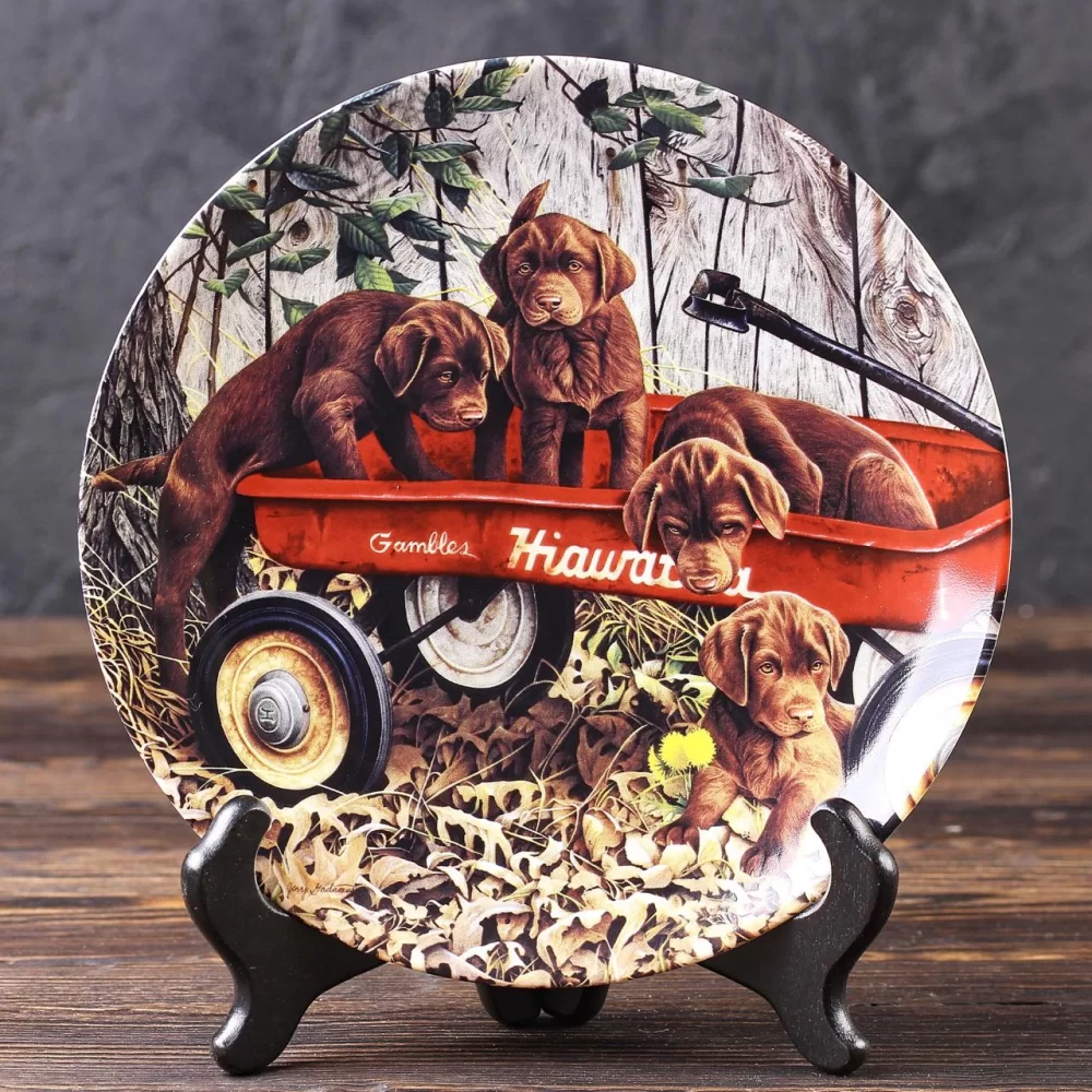 Тарелка винтажная декоративная настенная Фарфор Щенки Собаки Bradford Exchange Dog Days Wagon Train