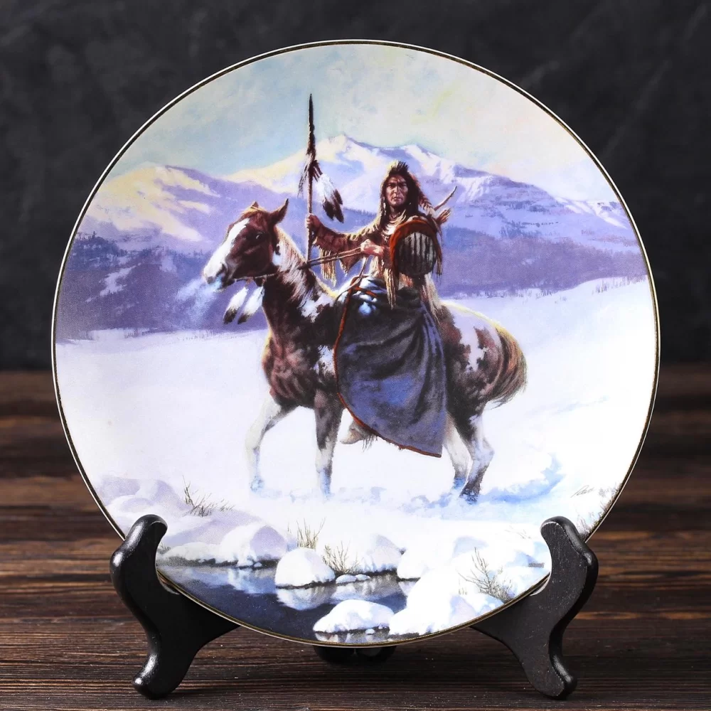 Тарелка винтажная декоративная настенная Фарфор Индеец на лошади Hamilton Collection Last Warriors Lone Winter Journey