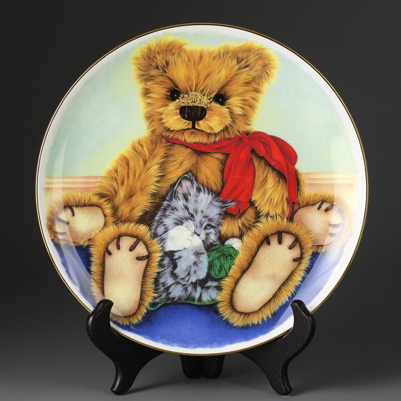Тарелка винтажная декоративная настенная Фарфор Англия Мишка Тедди Котёнок Royal Vale Teddy Bear Kitten