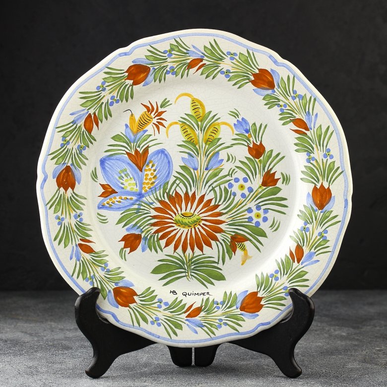 Тарелка винтажная декоративная настенная с цветочным орнаментом Франция Henriot Quimper 25,5 см