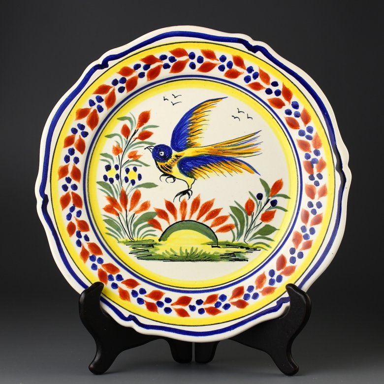 Тарелка винтажная декоративная настенная Франция Henriot Quimper Птица и солнце 25 см