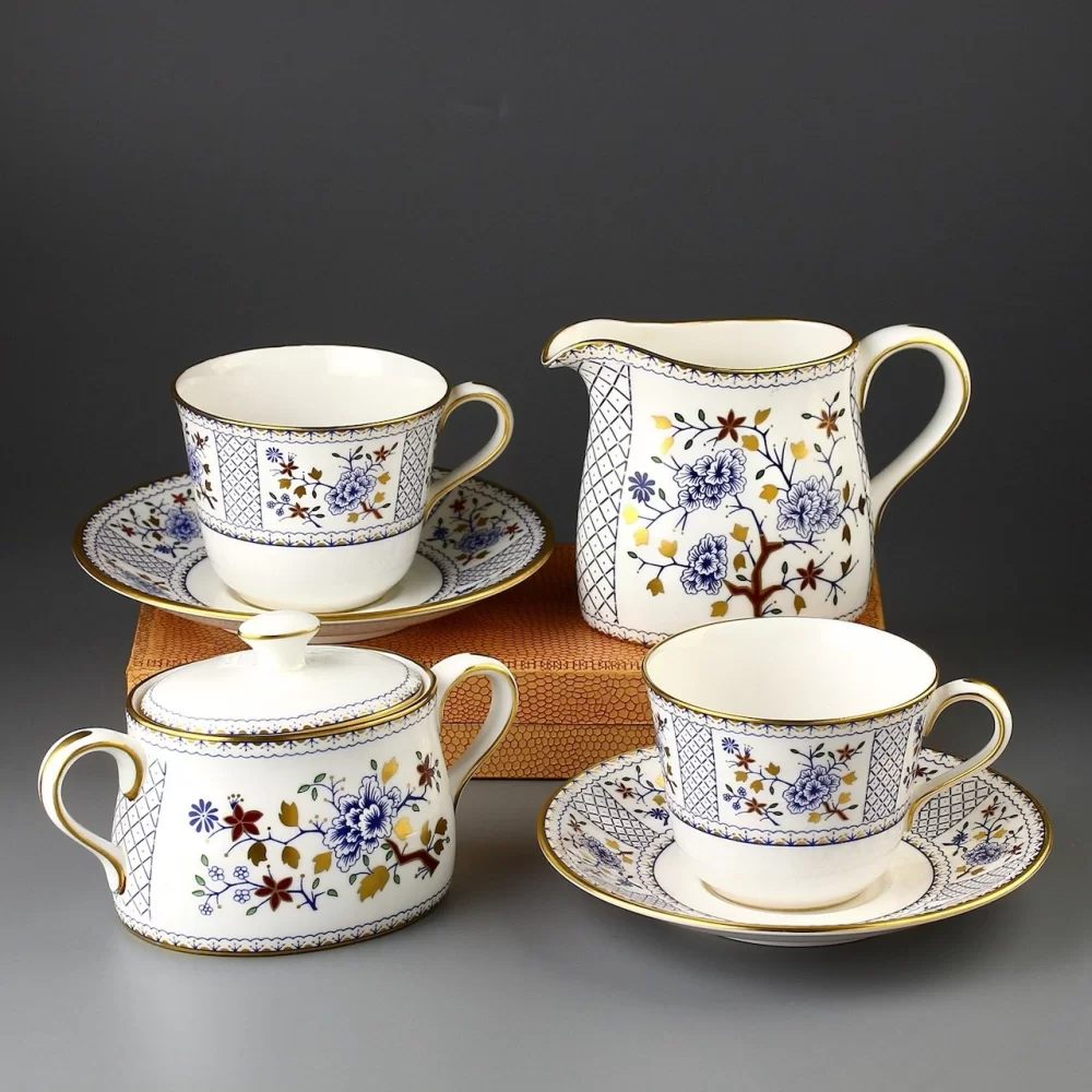 Винтажный английский чайный сет Royal Crown Derby Mandarin Мандарин Две чайные пары, сахарница, кувшин для молока