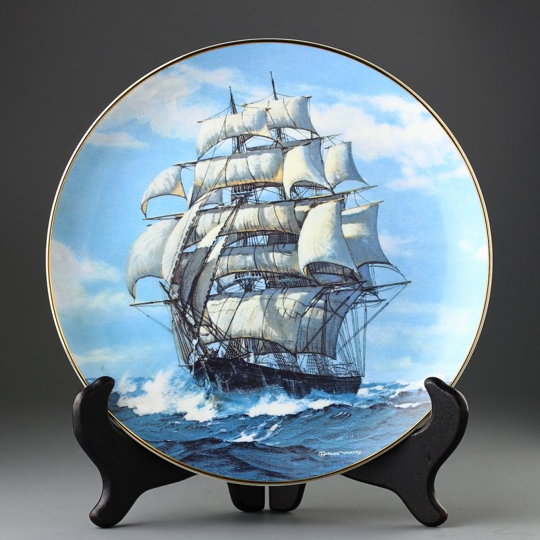 Винтажная декоративная тарелка W.S.George "The Twilight Under Full Sail" Парусник (корабль) на закате под полными парусами