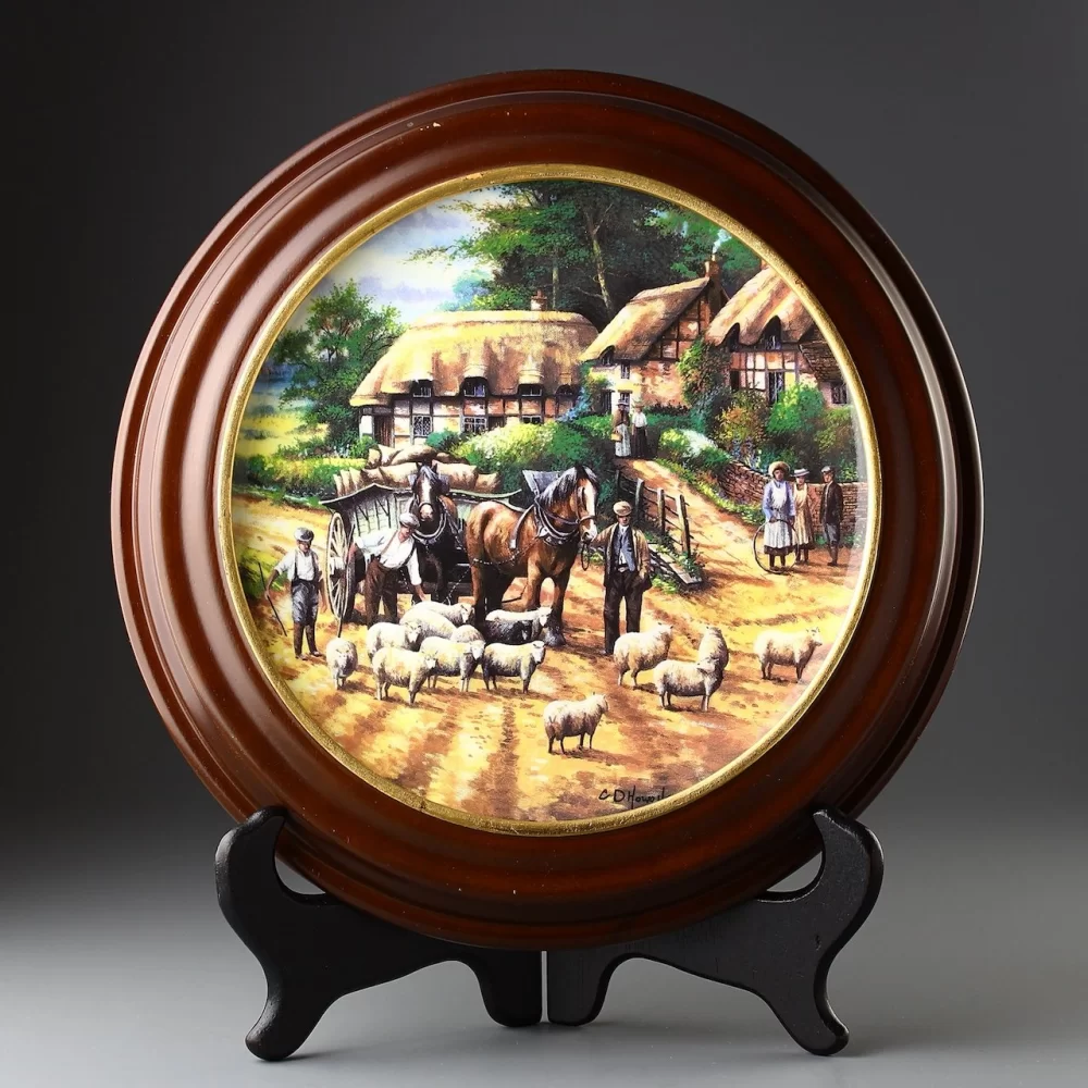 Винтажная тарелка Веджвуд в деревянной раме Сельские дни Выпас овец Wedgwood Country Days Herding the Sheep