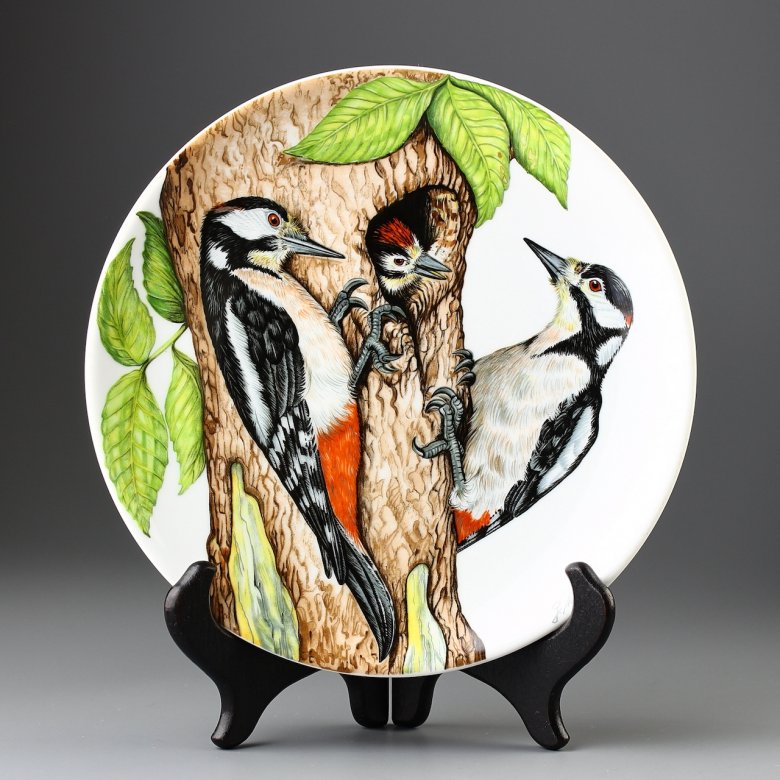 Тарелка винтажная декоративная настенная Фарфор Германия Дятел Птицы Goebel Great Spotted Woodpecker