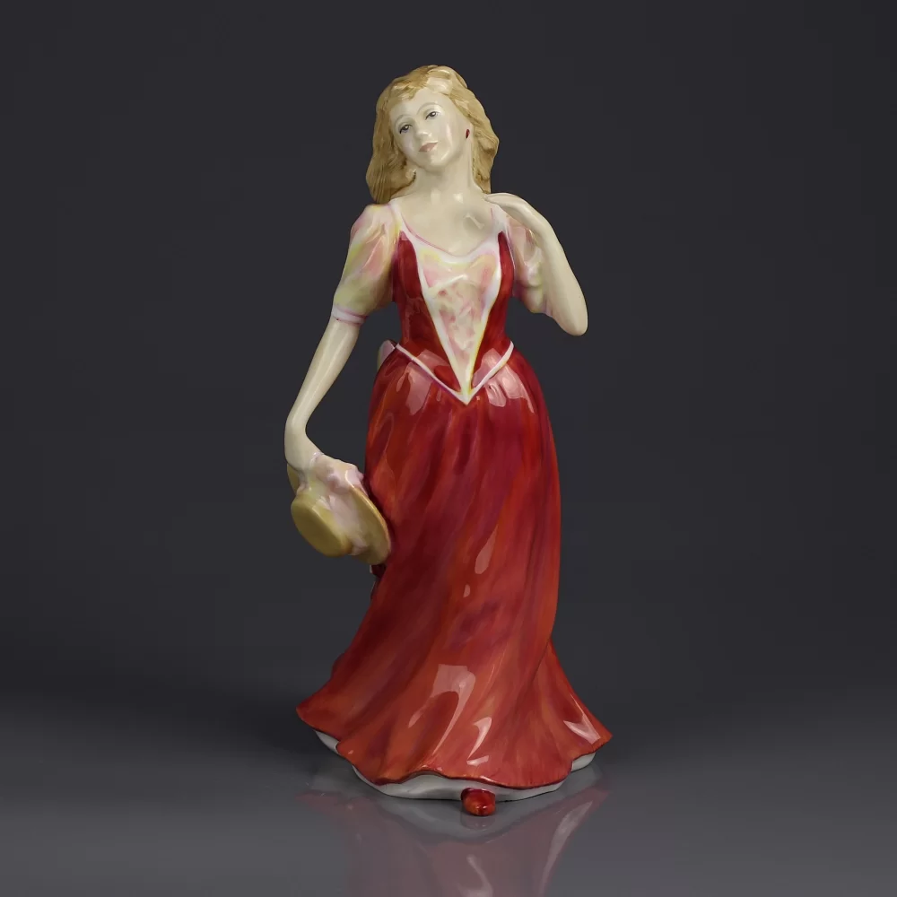 Винтажная фарфоровая статуэтка Англия Royal Doulton 3755 Strolling Дама в красном платье со шляпкой