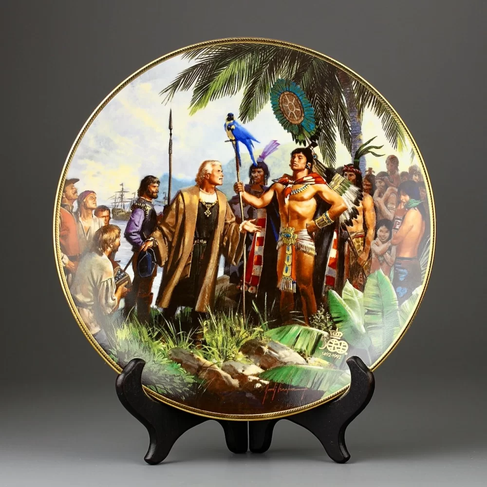 Винтажная тарелка Открытие Америки Колумбом Индейцы W S George Columbus Discovers America 500th Anniversary Bringing Together Two Cultures