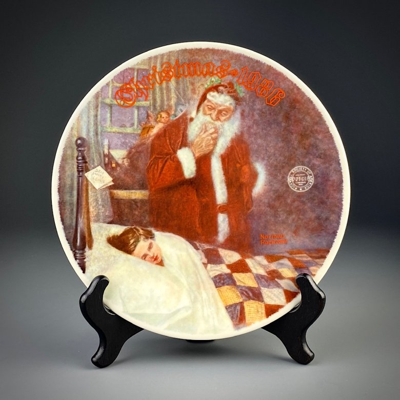 Тарелка винтажная декоративная настенная Фарфор Рождество Санта-Клаус и спящий мальчик Knowles Christmas 1986 Norman Rockwell Deer Santy Claus