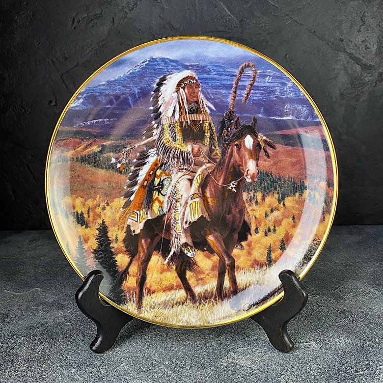 Тарелка винтажная декоративная настенная Фарфор Индеец на лошади Franklin Mint Guarding the Plains
