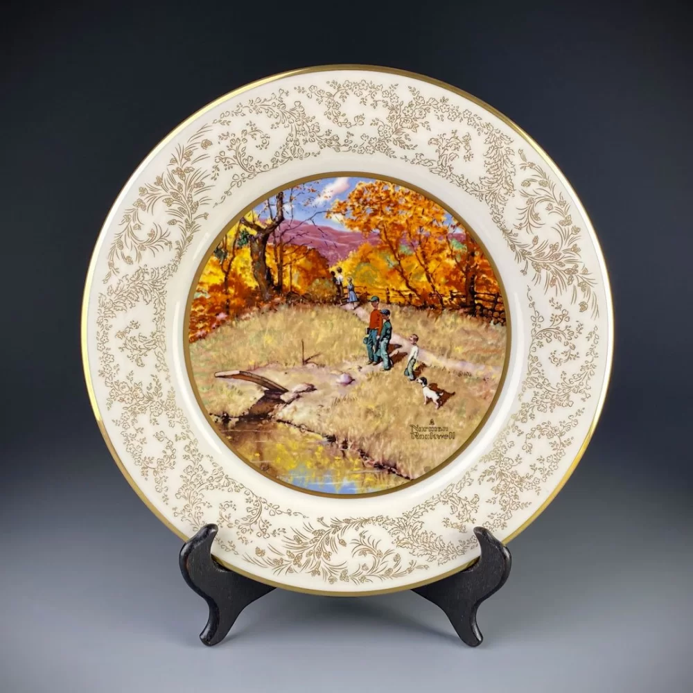Тарелка винтажная декоративная настенная Фарфор Осень Дети Gorham American Landscape Autumn Reflections Norman Rockwell