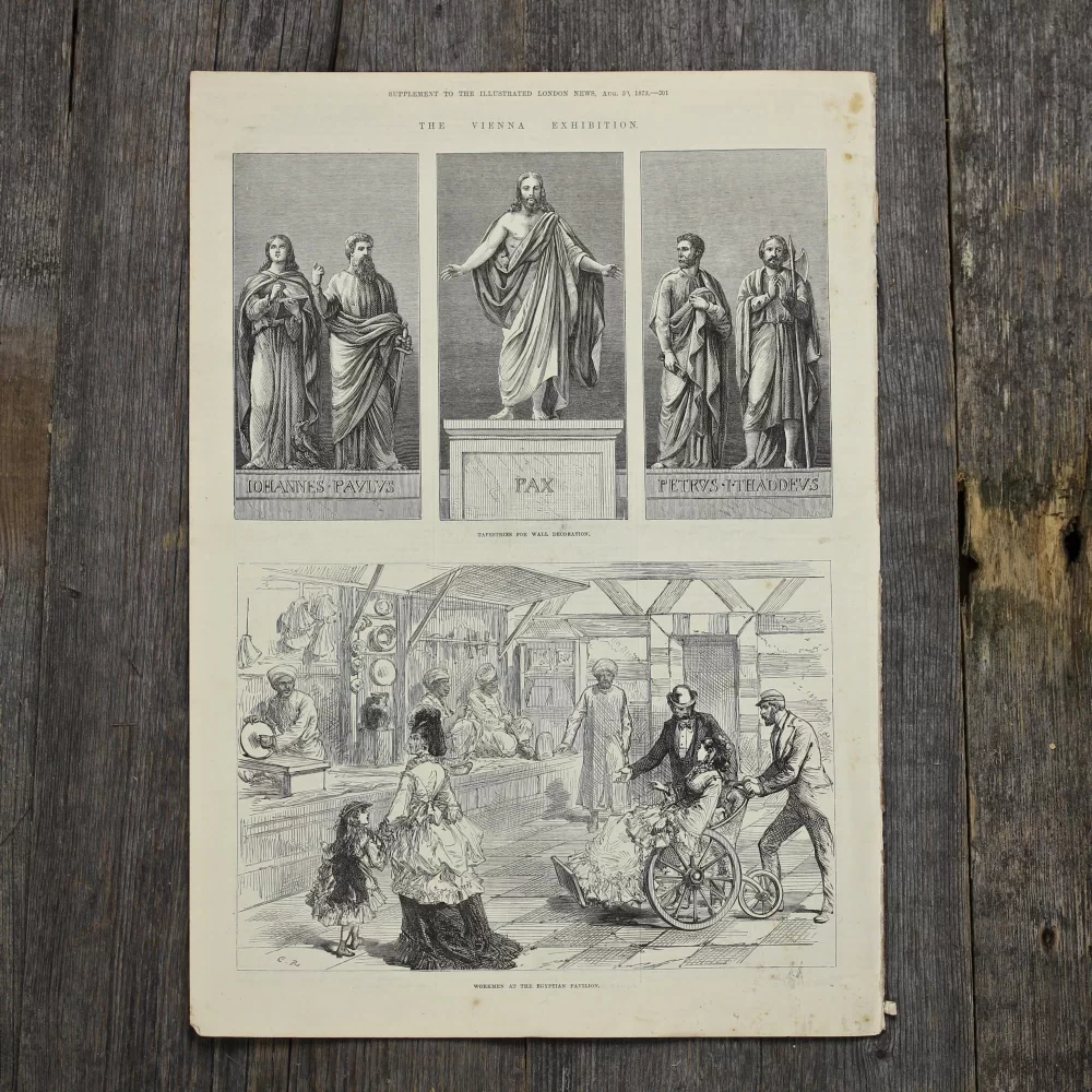 Антикварная иллюстрация The Illustrated London News Workmen at the egyptian pavilion