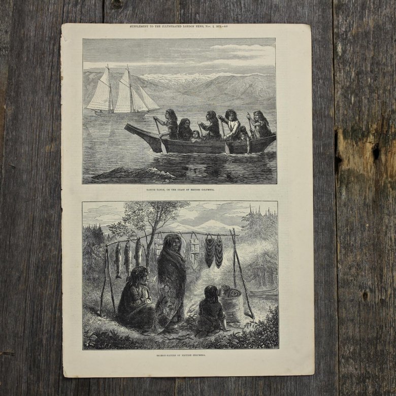 Антикварная иллюстрация The Illustrated London News Native canoe on the coast of British Columbia