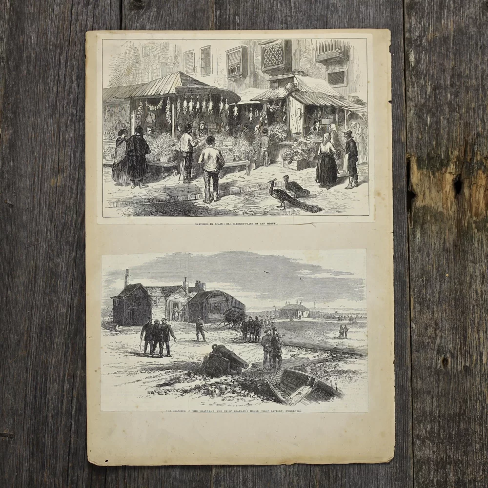 Антикварная иллюстрация The Illustrated London News Sketches in Spain old market place of San Miguel