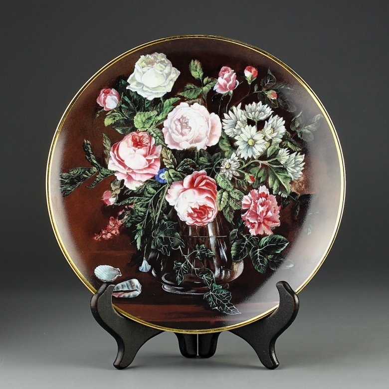Тарелка винтажная декоративная настенная Фарфор Голландия Цветы Розы Koninklijke Mosa Rosen en Schelpen