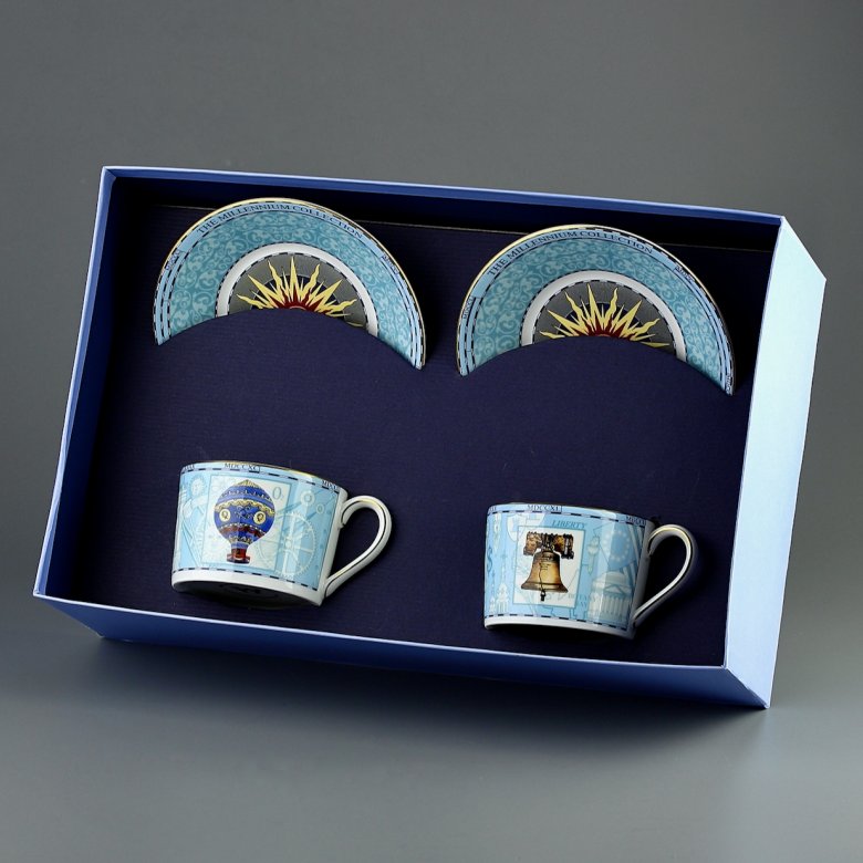Две винтажные английские чайные пары Фарфор Веджвуд Wedgwood Millennium в подарочной коробке Две чашки и блюдца