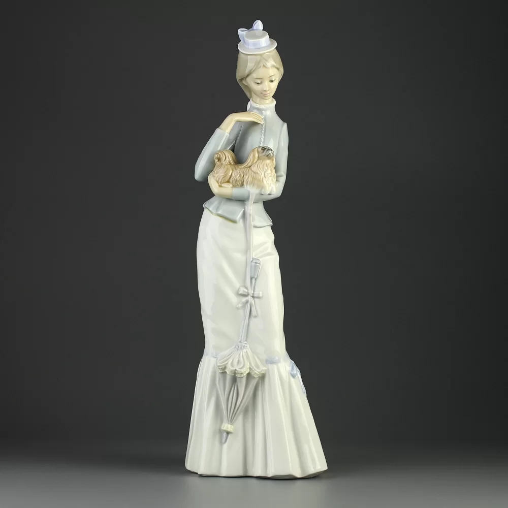 Винтажная фарфоровая статуэтка Испания Lladro 4893 Walk With Dog Девушка с зонтиком и собачкой