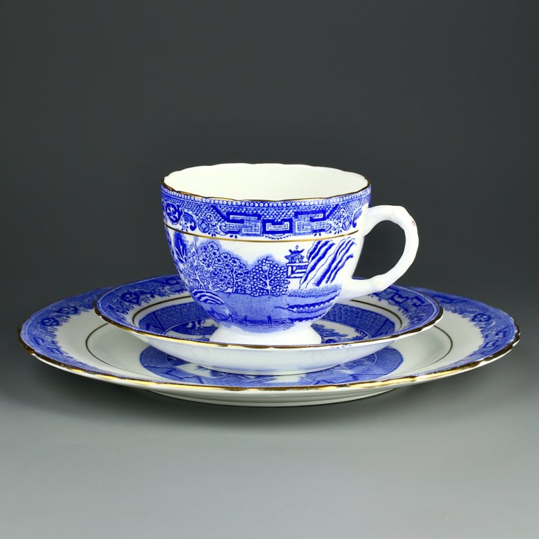 Антикварное английское чайное кофейное трио Фарфор Шинуазри Голубая ива Blue Willow William Hudson Middleton & Co