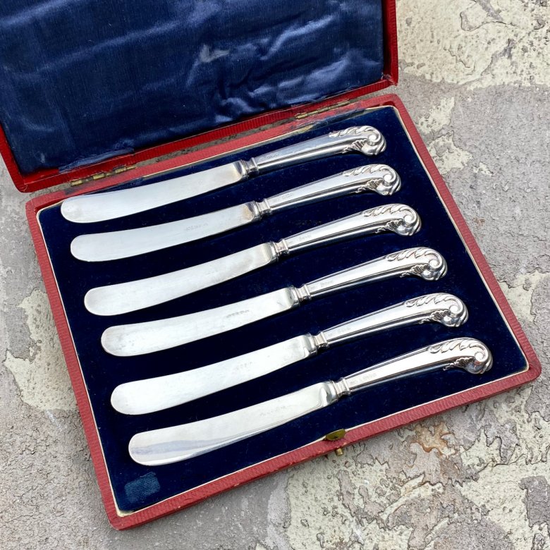 Антикварные ножи с серебряной рукоятью для масла сыра фруктов Alfred Biggin & Son 1905 год