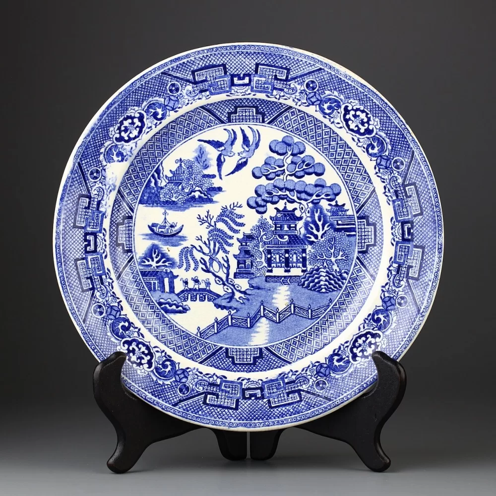 Тарелка антикварная Англия Шинуазри H & Co Staffordshire Stone China Fenton Blue Willow Голубая ива