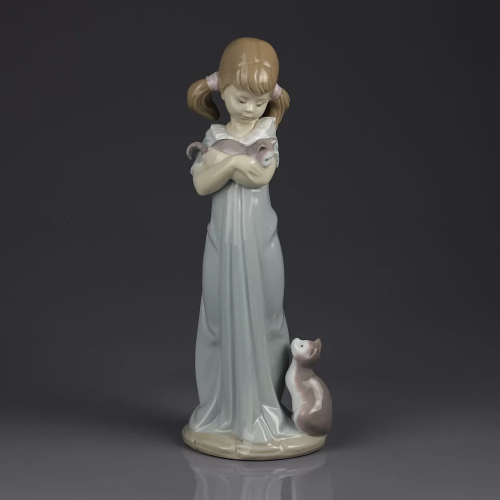 Винтажная фарфоровая статуэтка Девочка с котёнком и кошкой Lladro 5743 Don’t forget me