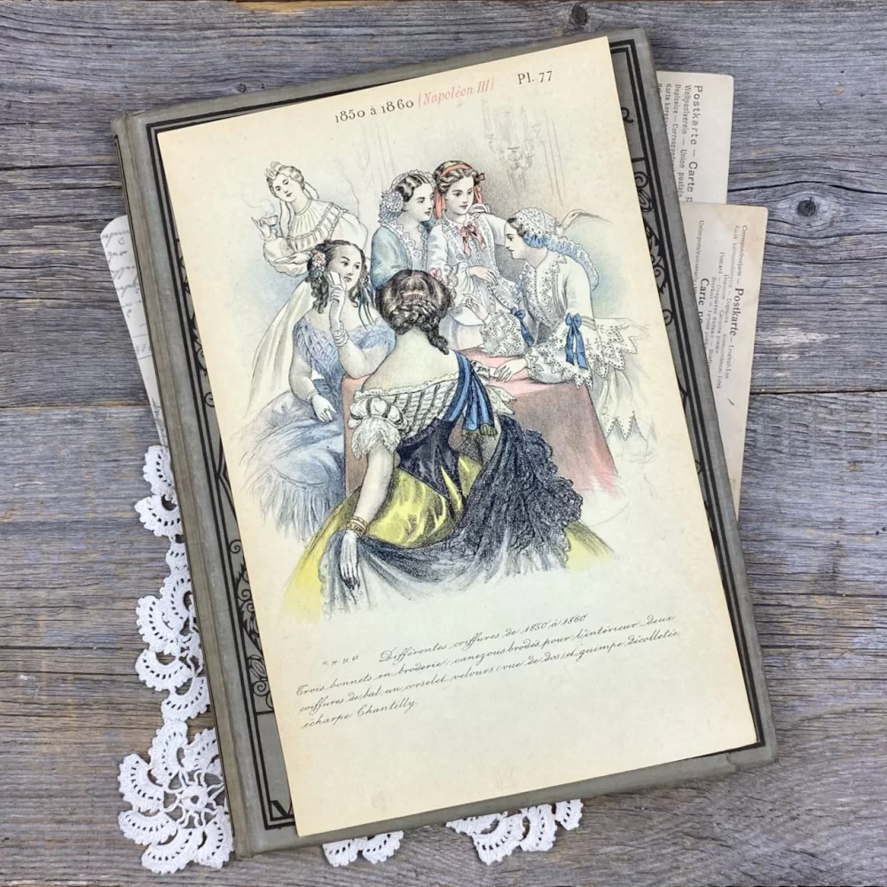 Антикварная французская иллюстрация Мода 19 века 1850 1860 годы Дамы за чаем и за игрой