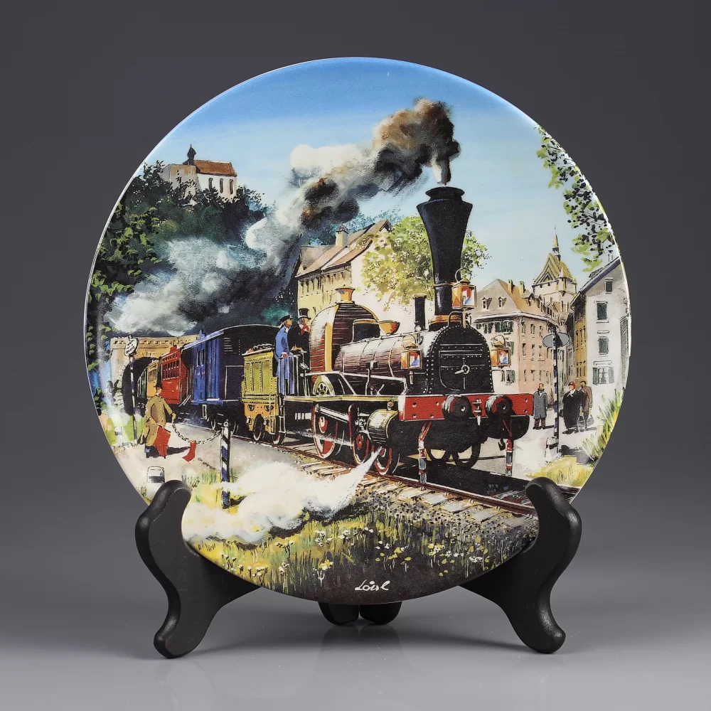 Тарелка винтажная фарфоровая настенная декоративная Паровоз Поезд Швейцария Limmat
