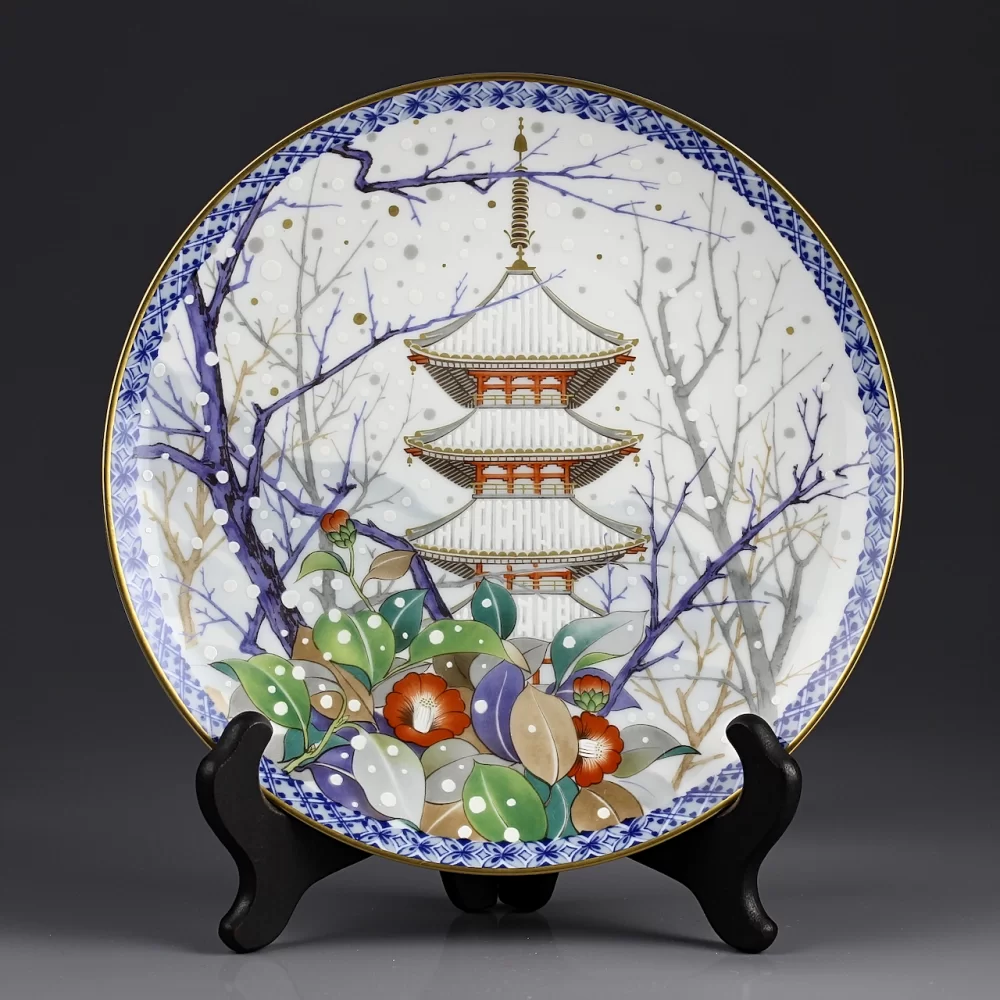 Тарелка винтажная фарфоровая настенная декоративная Япония Пагода Цветы Зима Noritake Seasons Plate Winter