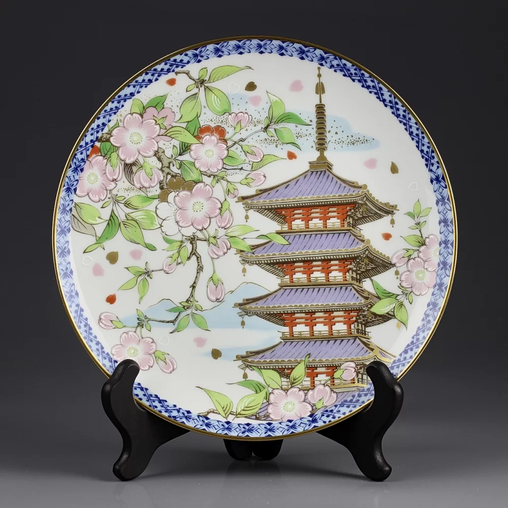 Тарелка винтажная фарфоровая настенная декоративная Япония Пагода Цветы Весна Noritake Seasons Plate Spring