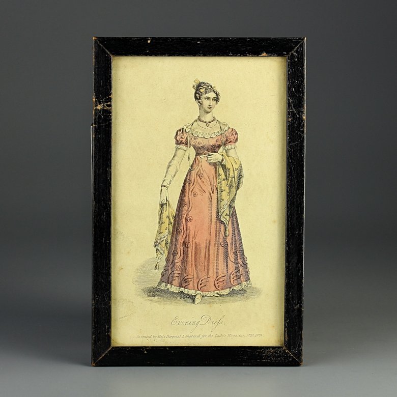 Антикварная английская иллюстрация в рамке под стеклом Evening Dress Вечернее платье 1824 года