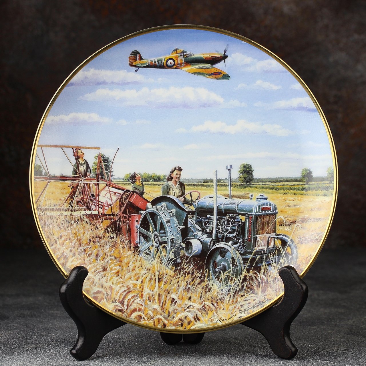 Тарелка винтажная декоративная настенная Фарфор Самолёт Трактор Форд Danbury Mint Farming Through the War Years Harvest 1940