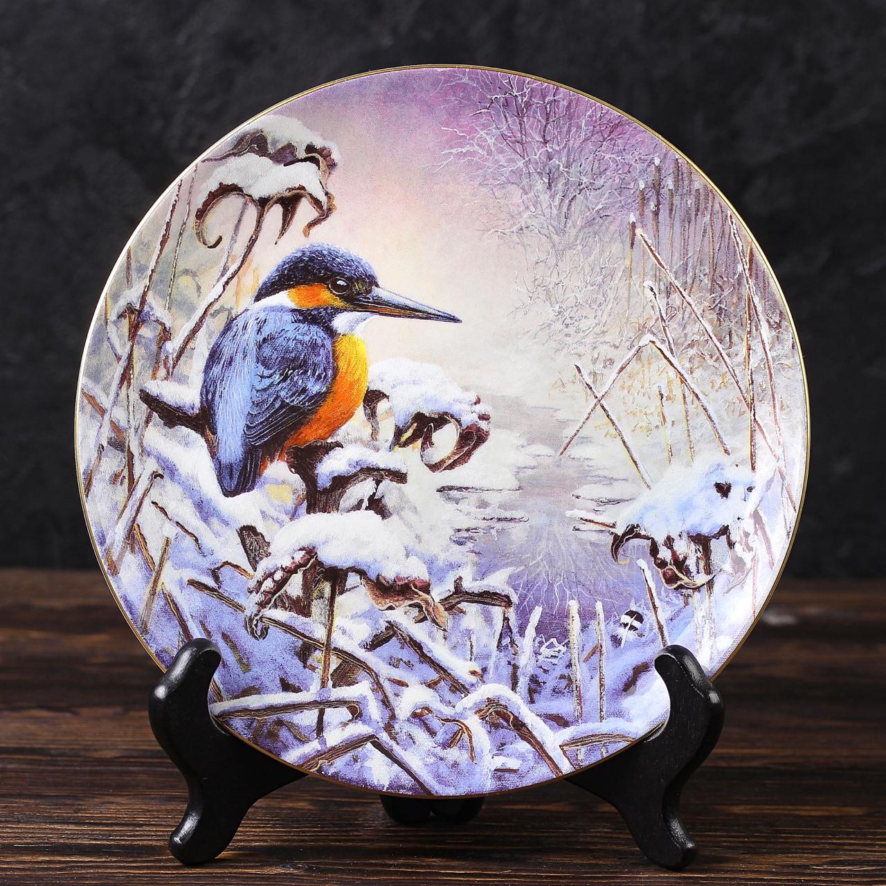 Винтажная английская тарелка Wedgwood Веджвуд The Winter Garden Птицы в зимнем саду Snowy Sunrise Снежный восход Зимородок