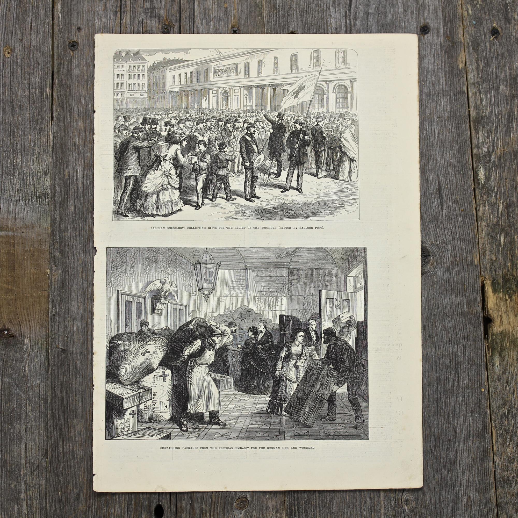 Антикварная иллюстрация The Illustrated London News Parisian schoolboys collecting gifts for the relief of the wounded