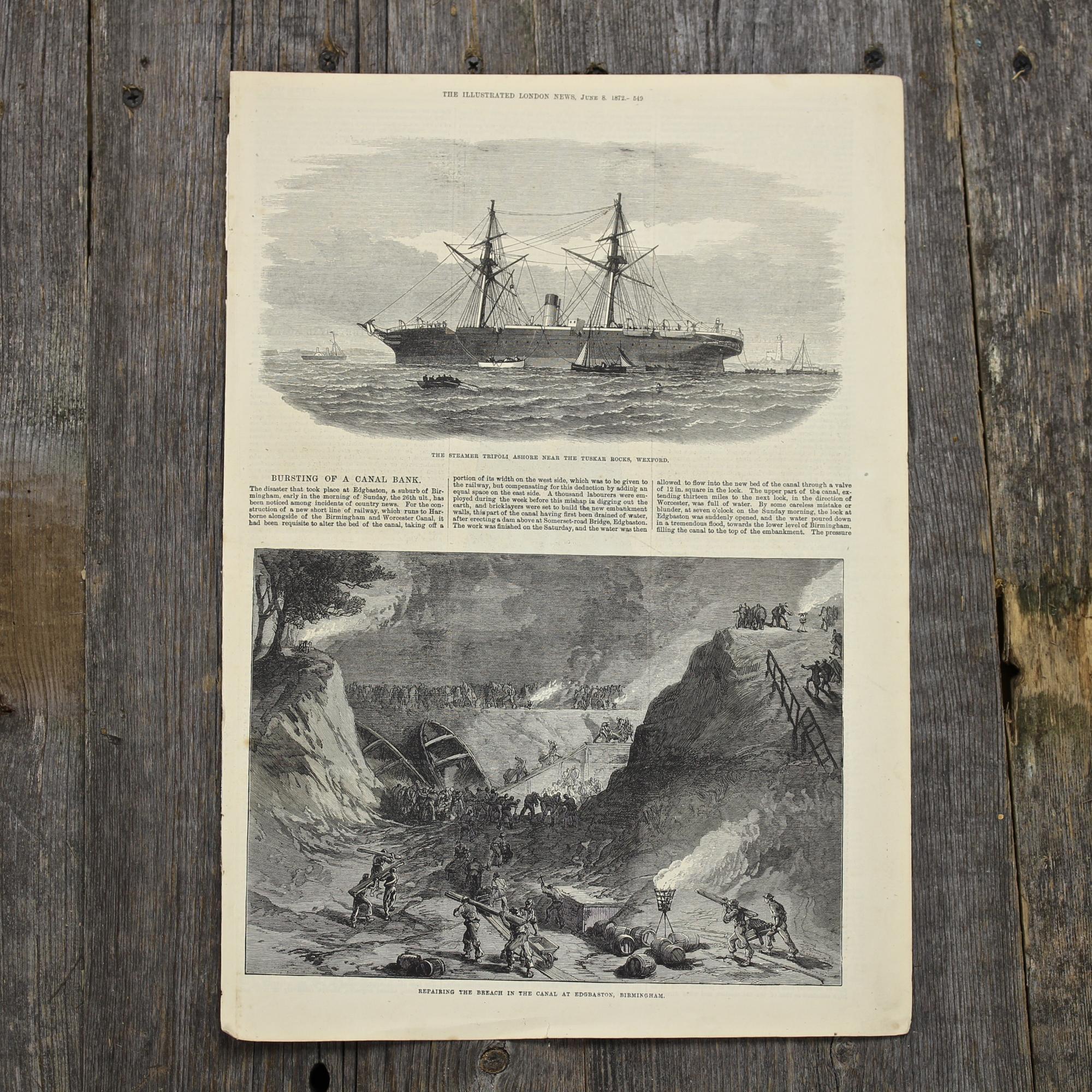 Антикварная иллюстрация The Illustrated London News The steamer Tripoli ashore near the Tuskar rocks, Wexford